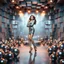 Placeholder: make a picture pretty stage made of metallic blue-gray teme 3d fractal recursive cubic and sphere base structures and a beautiful fashion model lady posing with cute,with Chic Style clothing,siver high heels ,makeup curvy long hair,dynamic camera zoom to full body and pan, dynamic lights.