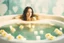 Placeholder: double exposure contented beautiful brunette in a big foam spa bathtube spa things, greenery and flovers, candles, plush towels, soft colors, in sunshine merged layers waterfall heart and love: burlap battery corrosion golden patina watercolor and glittering ink