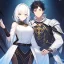 Placeholder: Girl with white hair wearing white robes. Boy with messy black hair wearing leather armor