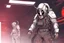 Placeholder: Rough Color Sketch, Goat Iron Skull Helmet, Beard, Silver Ram Horns, Iron Black, Hoodie Jacket, Cyberpunk, Astronaut Silver Suit, Hooded, long shot, Side Profile Angle, Heavyweight, Glowing Eyes, character concept art, red Backgroung