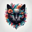 Placeholder: modern abstract tattoo ideas, simple minimalistic illustration on a pure white background < "The head of a tattooed black cat. around it are various colorful flowers and leaves in a dynamic image">