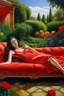 Placeholder: Oil painting Princess lying in the middle of a garden On a sofa and a red cover that covers her body from below only Photorealistic