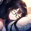 Placeholder: girl, masterpiece, best quality, volumetric lighting, detailed outfit, perfect eyes, black hair, golden eyes, long hair, ponytail, black glasses, closed eyes, sleeping,