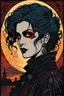 Placeholder: museum quality color woodcut of a dystopian goth punk female vagabond vampire with highly detailed hair and facial features , in the style of Gustave Baumann, with a fine art aesthetic, highly detailed, finely cut ,8k render,