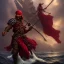 Placeholder: a pirate warrior in dark red armor, on his ship, a highly detailed illustration, background of giant crashing ocean waves, realistic render, 8 k, micro detail, intricate, elegant, centered, digital painting, Artstation, smooth, sharp focus, illustration, artgerm, tomasz alen kopera, peter mohrbacher, donato giancola, joseph christian leyendecker, wlop, boris vallejo