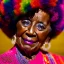 Placeholder: masterpiece, best quality, old woman, dark skinned, sparkling eyes, fluorescent skin, colorful makeup, afro, head shot, highly detailed body, sun light, 4K, RAW, depth of field, high contrast, realistic details, 24mm