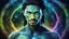 Placeholder: beautiful gorgeous young man na'vi with long hair, Avatar, blue skin, two small ears, green eyes, black hair, in cosmic suit, galactic ambiance, medium pointy goatee , smiling, nebulas and sacred geometry light figures on the backgroud,