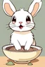 Placeholder: Studio ghibli style cute front view 2d, a bunny drinking from a bowl with tongue out and is pooping at the same time
