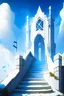 Placeholder: white wall, medieval, blue sky, white cross, white stairs, entrance of medieval castle, large view field, tremendous large wall, league of legend piltover