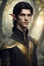 Placeholder: young elven man, golden eyes, black hair, dressed in elegant elven tunic