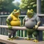 Placeholder: close up 3d illustration very fat yellow and green color big anthropomorphic frog in simple t-shirt and pants stands close and elbowing on an old wooden railing next to each other and talking with a strong gray color anthropomorphic rhinoceros without horns in modern security guard clothes, they talking and elbowing on an old wooden railing next to each other, in background a bibliothek with tall book shelves, detailed sci-fi, fantasy mood