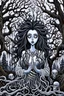 Placeholder: A painting depicting a surreal ghostly woman with ghostly white skin in Tim Burton style, high details, surrounded by various strange mystic trees. Her eyes are close open, and her is long messy dark hair. she holding a black heart, adding a unique surreal and sinister style to the artwork, etheral, weird plants, otherworldly, dark mood