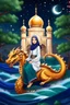 Placeholder: A beautiful Arab girl. Decorated silk fabric. And riding on the back of a dragon Strong ornate. Starry sky. Trees and waterfalls. And ornate mosques. And future Islamic buildings