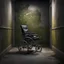 Placeholder: Hyper Realistic wheelchair in between of a dark hallway with grass patches & peeling vintage wall paint at night