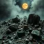 Placeholder: A striking quality close-up photograph captures a wasteland with odd stones, liquids, spooky, creepy, Amano, details of the dust very accentuated, glossy, organic, adorned with minerals and rocks, fog, eerie, Max Ernst style, black sun, fog