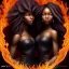 Placeholder: 3D. Detailed Painting .realistic. Dark skin women. Beautiful. the faces of two young black women. Warm. Fire nymphs emerging from the flames.red.. Energy. Focus. THeir hair looks like smoke .smoke curling. Dreadlocs. Their skin is the colour of charcoal . Their hair moves like smoke. . their clothing is made of flames, red. Orange. Yellow. White and gold