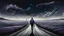 Placeholder: A solitary androgynous figure seen from behind, carrying an oversized heavy backpack, walking alone along a long winding road floating on a vast dark sky. Surreal abstract dreamscape, the road curving into endless darkness, subtle mist, atmosphere of change, uncertainty and emotional weight, alone caracter, black gray, Dark blue, charcoal and muted purple tones, deep sky, digital art, etheral, atmospheric