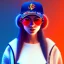 Placeholder: a girl wearing a baseball cap holding a small boombox in her hand, full shot. paint splashes, outrun, vaporware, shaded flat illustration, digital art, trending on artstation, highly detailed, fine detail, intricate