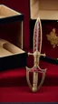 Placeholder: Small dagger with the hilt inlaid with wolves heads lying in a red velvet box