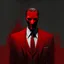 Placeholder: a sinister figure wearing a red suit with a red tie with no face and dirty slicked back hair