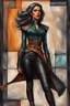 Placeholder: Create a abstract cubist colored chalk and charcoal fine art print of an epic fantasy Lankhmar female thief character , slim in stature, with shoulder length hair, finely lined and detailed facial features, in an fur collared leather doublet and breeches , a short oriental cloth belt at the waist, stealthy soft leather slippers, , in the style of Gustav Klimt and Egon Schiele