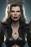 Placeholder: Kim Basinger as evil queen in black leather, busty, cleavage, curvy, angry, happy, stern look. character design by cory loftis, fenghua zhong, ryohei hase, ismail inceoglu and ruan jia. unreal engine 5, artistic lighting, highly detailed, photorealistic, fantasy