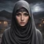 Placeholder: Hyper Realistic close-up-view of Beautiful Pashto Girl in niqab with beautiful hair & beautiful eyes fully-face-covered-in-black-dress-&-grey-shawl standing outside village-houses giving-bold-expressions on mountain-top at night with cloudy-moonlight showing dramatic & cinematic ambiance