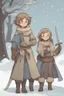 Placeholder: DnD style, two medieval peasant kids playing in the snow male and female, age 14 and 15, happy and playful, he has a short sword.