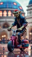 Placeholder: full figure portrait of a giant dunking basket player vampire werewolf goblin gremlin on scooter bike on wet soil in front of dome court, in the style of Gorillaz,bokeh like f/0.8, tilt-shift lens 8k, high detail, smooth render, down-light, unreal engine, prize winning