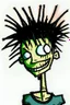 Placeholder: 2d drawing of a stickman, cool with punk hair, x eyes like in hangman, head slightly bended, looking close into camera, smiling,close-up ,3d realistic in colour