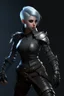 Placeholder: create a female air genasi from dungeons and dragons, dark gray short hair, light blue eyes, wind like hair, wearing hot leather clothing that also looks studded, realistic, full body, digital art, high resolution, strong lighting