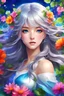 Placeholder: Beautiful anime girl with shiny flowing gray hair and full clover leaves on her hair, lovely bright blue eyes, surrounded by colorful flowers, very beautiful, very colorful, vibrant colors, digital painting, vivid colors