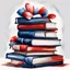 Placeholder: Hand drawn illustration, oil painting, in the style of Easter illustrations, midnight blue and red, stack of books with airbrush tape, white background only