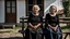 Placeholder: gloomy-looking old women sitting in black hungarian old villager dress and european black head scharf on wooden bench in front of white old house outside in an authentic east european ,hungarian village, high detalied, professional photo, high qualit, high textures. The high-resolution image captures the essence of authenticity and realism, transporting the viewer to another time and place.