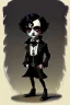 Placeholder: black haired black eyed young man necromancer steampunk goth Gnome that looks like a young Edgar Allan Poe with gothic jewelry in the style of Charles Addams