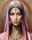 Placeholder: diamond painting with fine detailing,to his full height, beautiful oriental woman, beautiful almond-shaped eyes, oriental clothes, burqa, pink, gold, heavy jewelry, filigree photorealism, clarity and depth of color of the frame high detail, dynamic, bohemian, surrealism, realistic, high quality, glamor pastel,hyper detail beautiful location