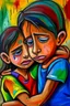 Placeholder: a girl hug her brother and both crying sadly, expressionism, Pixar style, in abstract art Basquiat, Picasso, Miro, Kandinsky, Klee, Birell, Fairey, Ardon, Buffet aand Picasso style, HD --s 750 --v 5.1 --style raw, water color