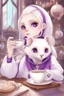 Placeholder: (anthropomorphic white ferret girl),dressed in cleric white and purple clothes with ornaments, realistic anatomy, fantasy tavern on background, mage and holy symbols around, serious face, hold cup of coffe, tired