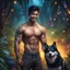 Placeholder: Hyper Realistic handsome shirtless muscular short black hair young king smiling & standing with his black husky in a dark mystical jungle at night with fireflies & colorful crystals