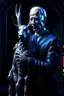 Placeholder: putin holding a biden goat in the style of giger, spraypaint, photorealism, trending on artstation, 8k, depth of field, downlight, lightrays, volumetric, white hall podium, brown and blue