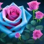 Placeholder: transparent multicolor crystal rose, rose garden, bioluminescent clouds, landscape, mist, detail