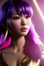 Placeholder: Young asian woman, anime barbarian character, purple hair, gold eyes, long hair, leather, vibrant color, highly detailed, art stations, concept art, smooth, unreal engine 5, god rays, ray tracing, RTX, lumen lighting, ultra detail, volumetric lighting, 3d, finely drawn, high definition, high resolution.