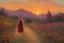 Placeholder: beautiful sunset, one woman looking a flowers, mountains, pathway, gothic disturbing influence, witchcraft influence, rodolphe wytsman, jenny montigny, and friedrich eckenfelder impressionism paintings