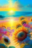 Placeholder: Morning, sun rays, light blue color, clear sky, bright sea, many sunflowers, in front of the sea, pink, yellow, orange, green, orchard, sand