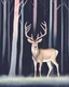 Placeholder: night, deer with antlers standing sideways, looking at viewer, realistic water color painted, among light colored tall simplified tree trunks, foggy, Easter Spring pastel colors, colorful, dark background