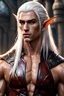 Placeholder: handsome High elf, king, muscular,body builder, long white hair, male age 20, wearing leather and a shirt, tan skin,photorealistic 4k