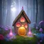 Placeholder: fairy house in the forest, blue and pink lights mushrooms and big flowers around