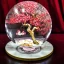 Placeholder: large glass globe with ultra-fine detailed cherry blossom tree bursting out, broken glass, red and gold tablecloth, beautiful, peaceful, gorgeous, flickering light, ornate, 8k, high-quality, fine-detail, intricate, digital art, brian froud, howard lyon, selina french, anna dittmann, annie stokes, Greg Rutowski