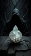 Placeholder: A hooded black shadow creature with no face in the background of black vein, human veins, mixing together a lot of them, like a forest, big an ball small veins a lot of them, a crystal sitting on an old broken table