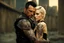 Placeholder: Jason David Frank short dark hair with tribal tattoos hugging pretty blonde shorthaired girl, photo realistic, dark fantasy, cityscape